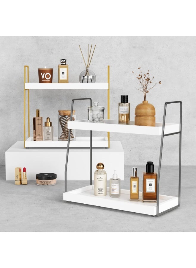 Bathroom Counter Organizer, 2 tier Bathrooom Organizer Over Toilet, Wood Countertop Corner Organizer Shelf for Vanity Accessories, Sink Organizer Tray for Makeup Bedroom (White-Grey) - Image 4